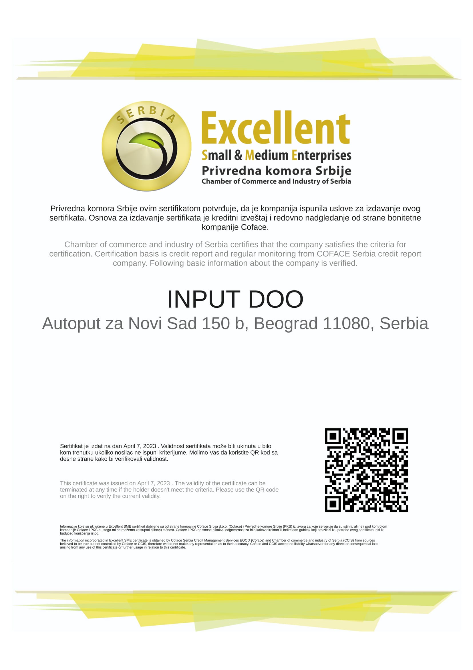 Excellent SME Serbia certificate